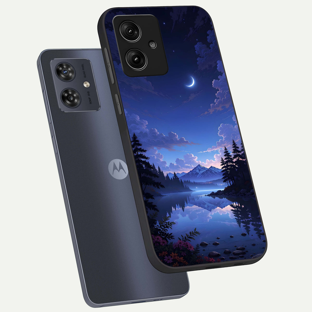  Midnight Lake Peace phone case For Moto G54 showing premium glass back cover with detailed artwork