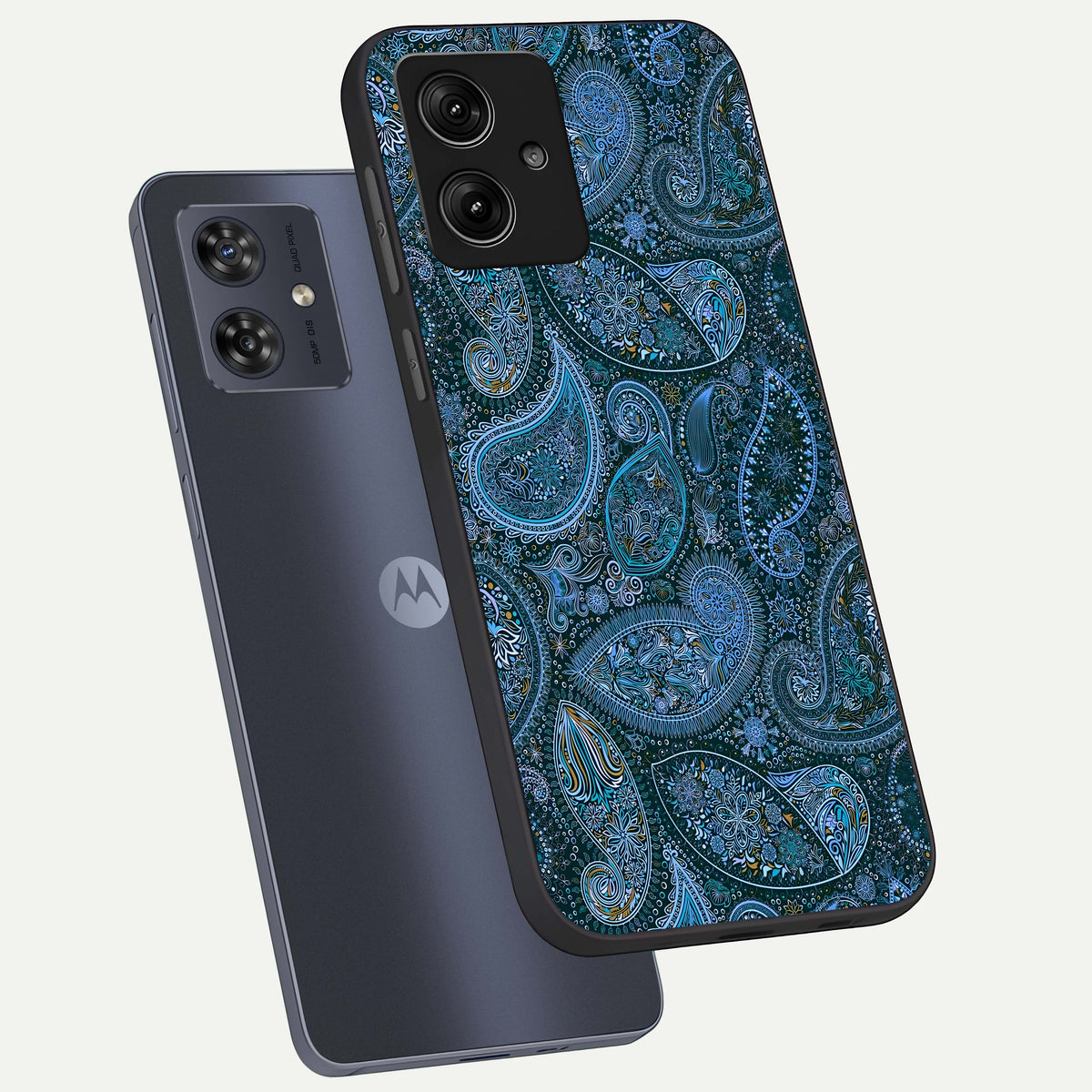  Midnight Paisley Glow phone case For Moto G54 showing premium glass back cover with detailed artwork