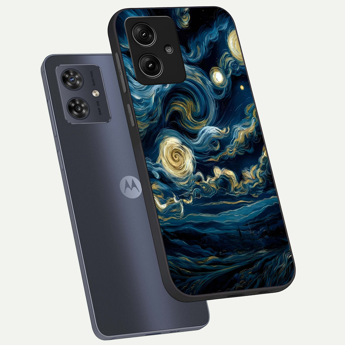  Midnight Sky Whirl phone case For Moto G54 showing premium glass back cover with detailed artwork
