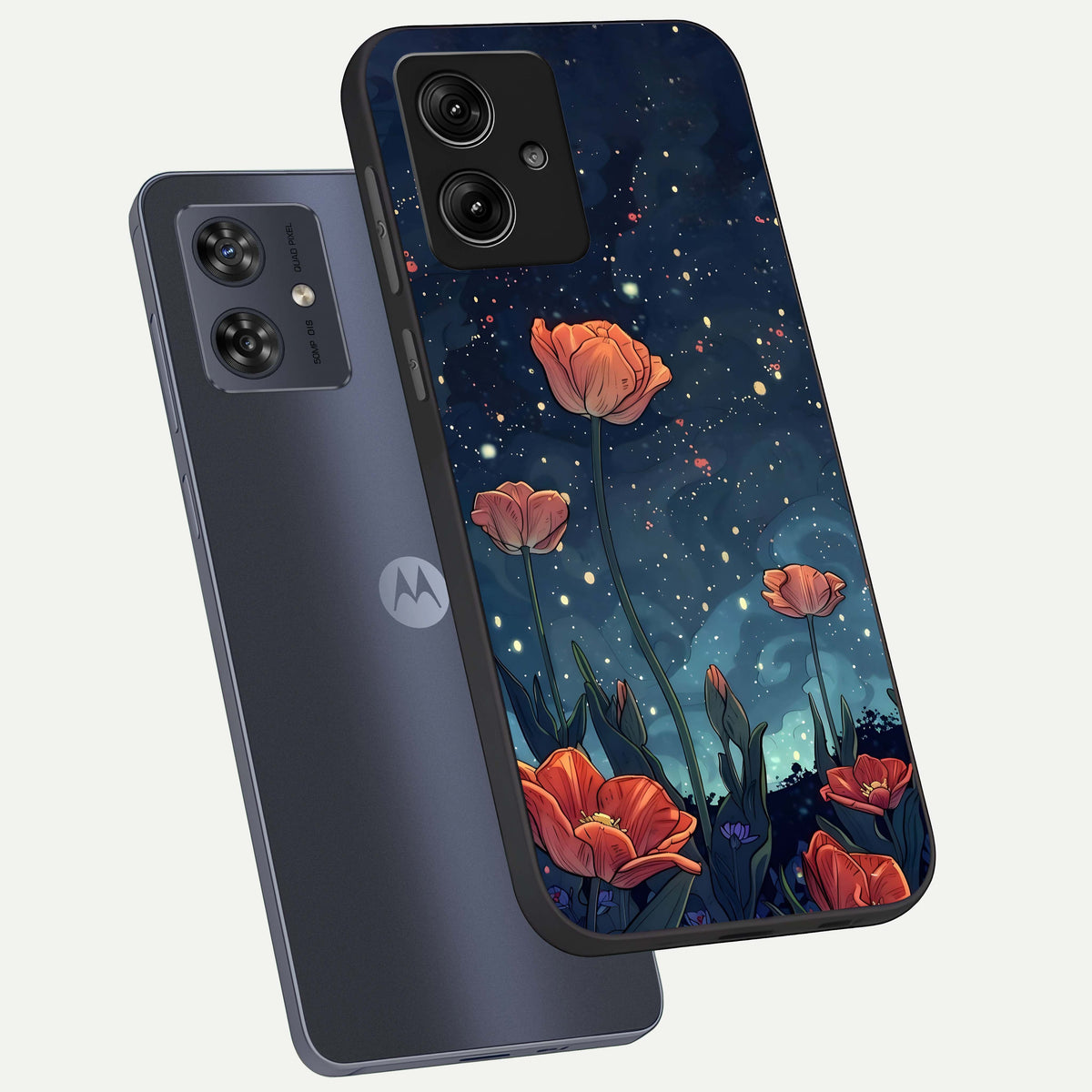  Midnight Tulip Glow phone case For Moto G54 showing premium glass back cover with detailed artwork