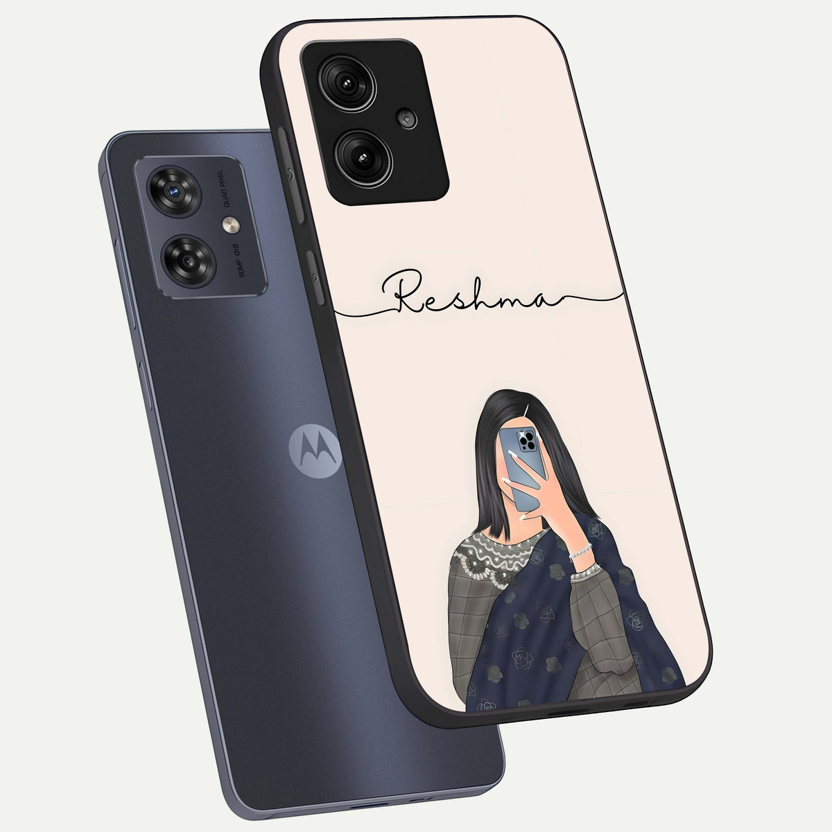  Mirror Mood Muse With Custom Name phone case For Moto G54 showing premium glass back cover with detailed artwork