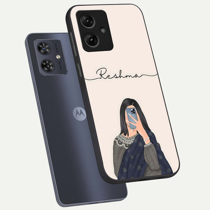  Mirror Mood Muse With Custom Name phone case For Moto G54 showing premium glass back cover with detailed artwork