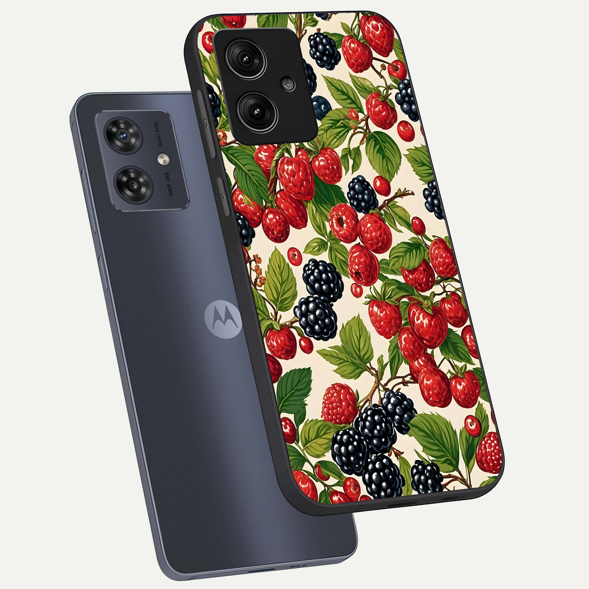  Mixed Berry Collage phone case For Moto G54 showing premium glass back cover with detailed artwork