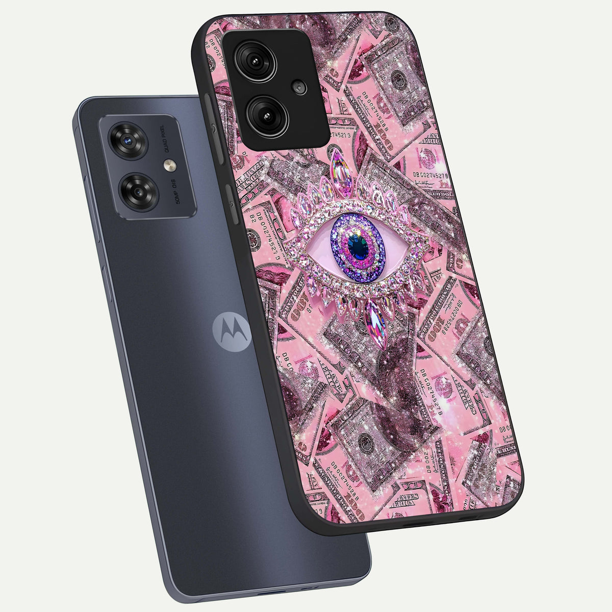  Money Eye Luxe phone case For Moto G54 showing premium glass back cover with detailed artwork