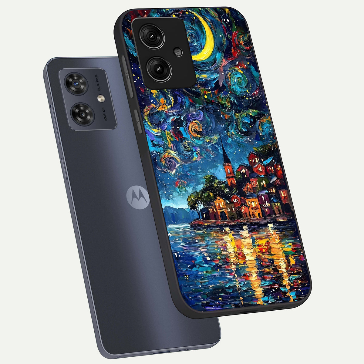  Moonlight Harbor Glow phone case For Moto G54 showing premium glass back cover with detailed artwork