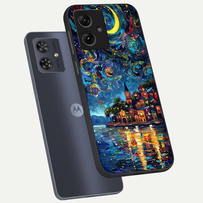  Moonlight Harbor Glow phone case For Moto G54 showing premium glass back cover with detailed artwork