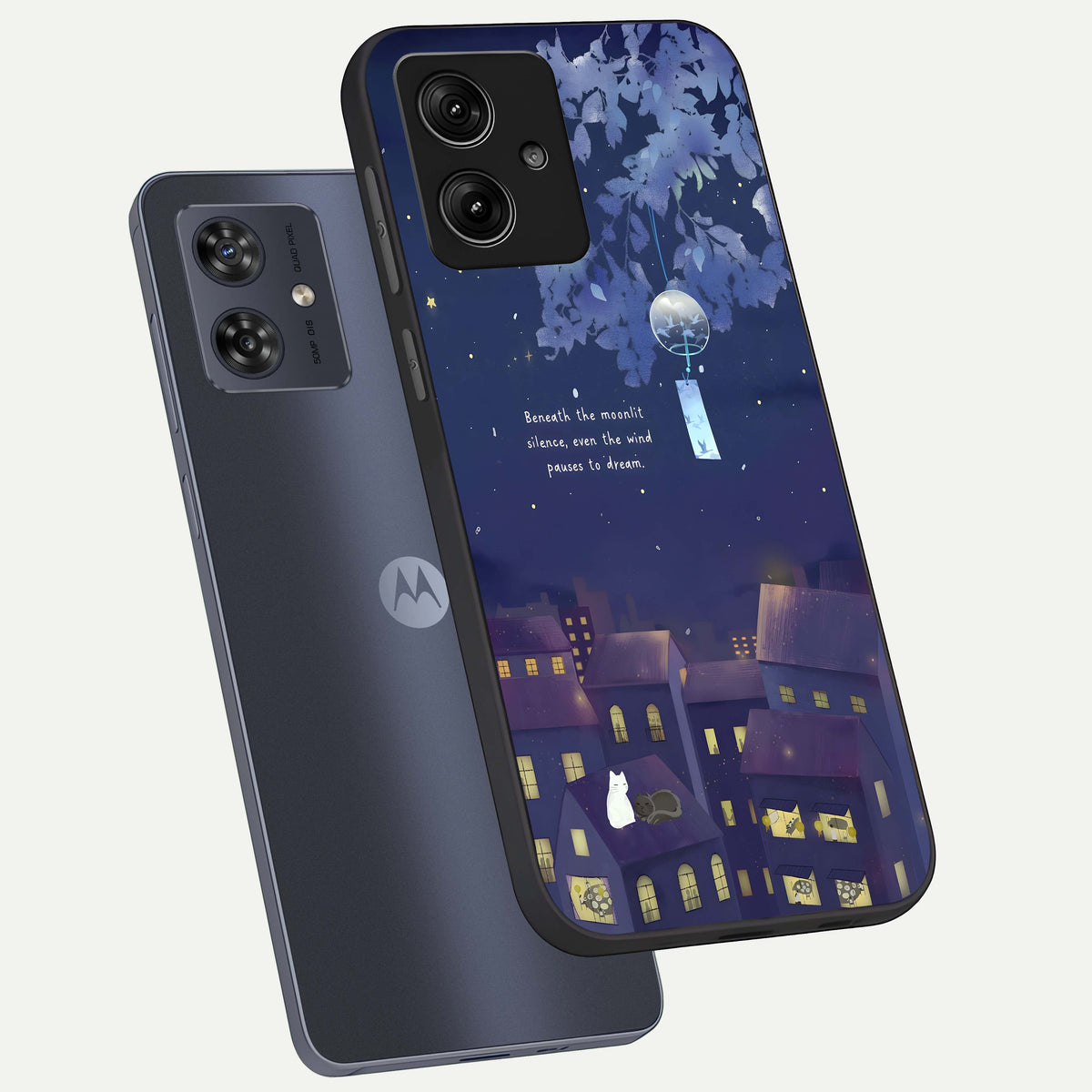  Moonlit Cat Silence phone case For Moto G54 showing premium glass back cover with detailed artwork