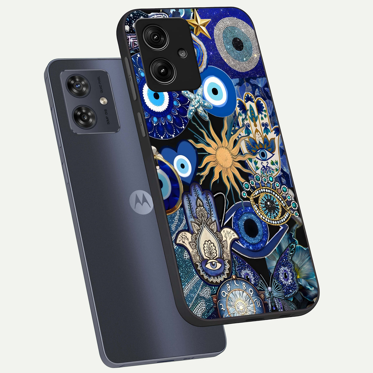  Mystic Blue Evil Eye phone case For Moto G54 showing premium glass back cover with detailed artwork