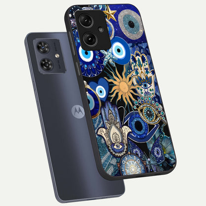  Mystic Blue Evil Eye phone case For Moto G54 showing premium glass back cover with detailed artwork