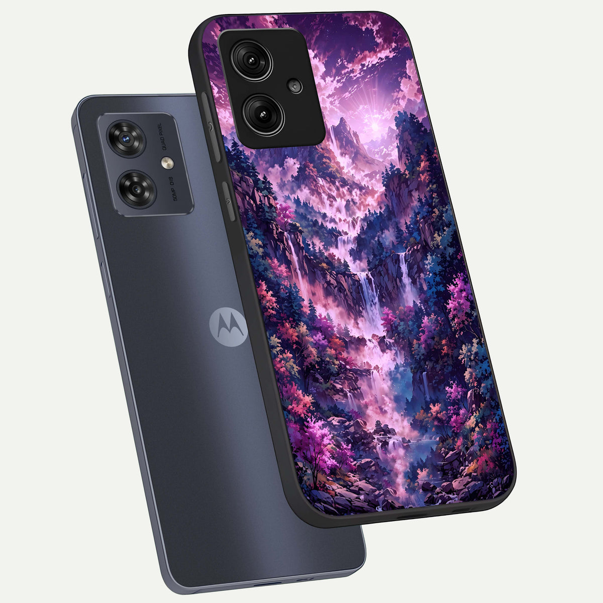  Mystic Cascade Peaks phone case For Moto G54 showing premium glass back cover with detailed artwork