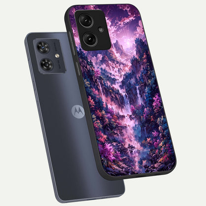  Mystic Cascade Peaks phone case For Moto G54 showing premium glass back cover with detailed artwork