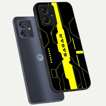  Neon CYBERPUNK Custom Name phone case For Moto G54 showing premium glass back cover with detailed artwork