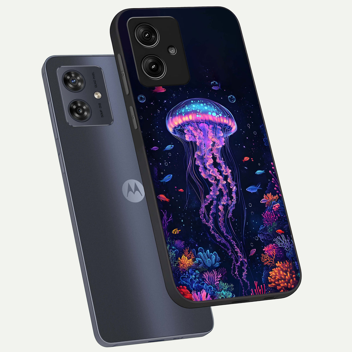  Neon Jellyfish phone case For Moto G54 showing premium glass back cover with detailed artwork