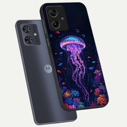  Neon Jellyfish phone case For Moto G54 showing premium glass back cover with detailed artwork
