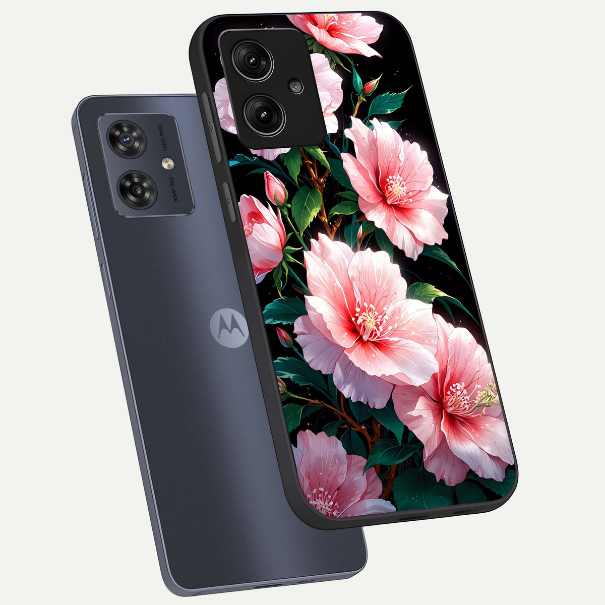  Peach Flower phone case For Moto G54 showing premium glass back cover with detailed artwork