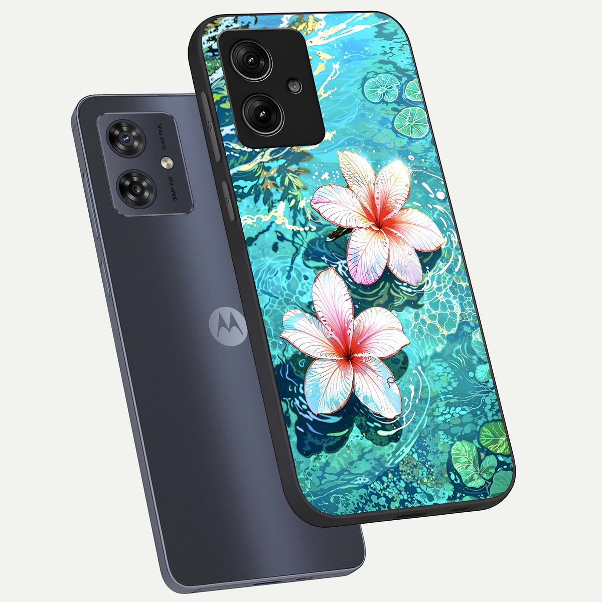  Pink Flowers in Water phone case For Moto G54 showing premium glass back cover with detailed artwork