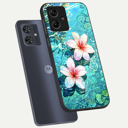  Pink Flowers in Water phone case For Moto G54 showing premium glass back cover with detailed artwork