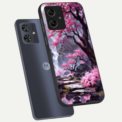  Pink Sunflower Glow phone case For Moto G54 showing premium glass back cover with detailed artwork