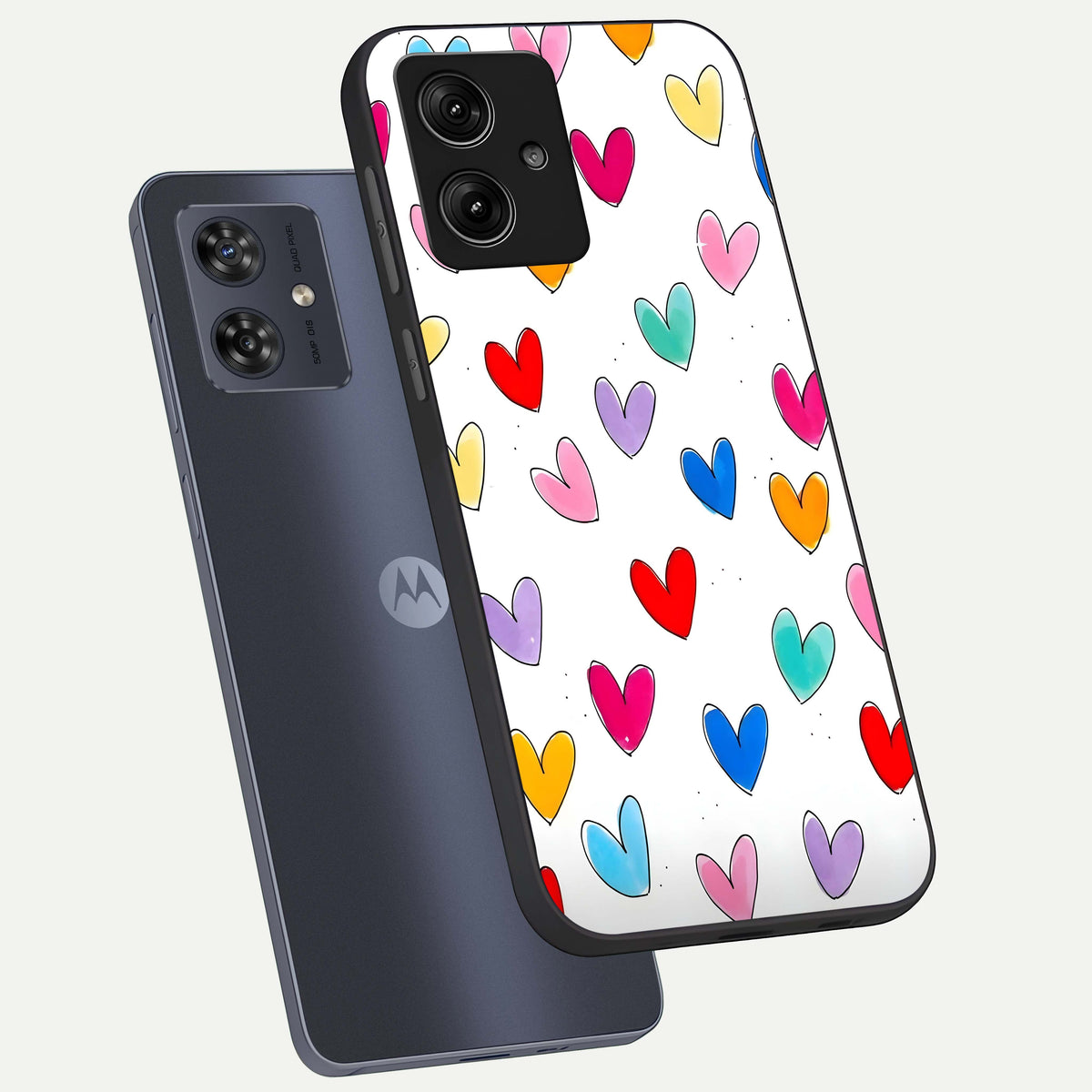  Playful Love Doodles phone case For Moto G54 showing premium glass back cover with detailed artwork