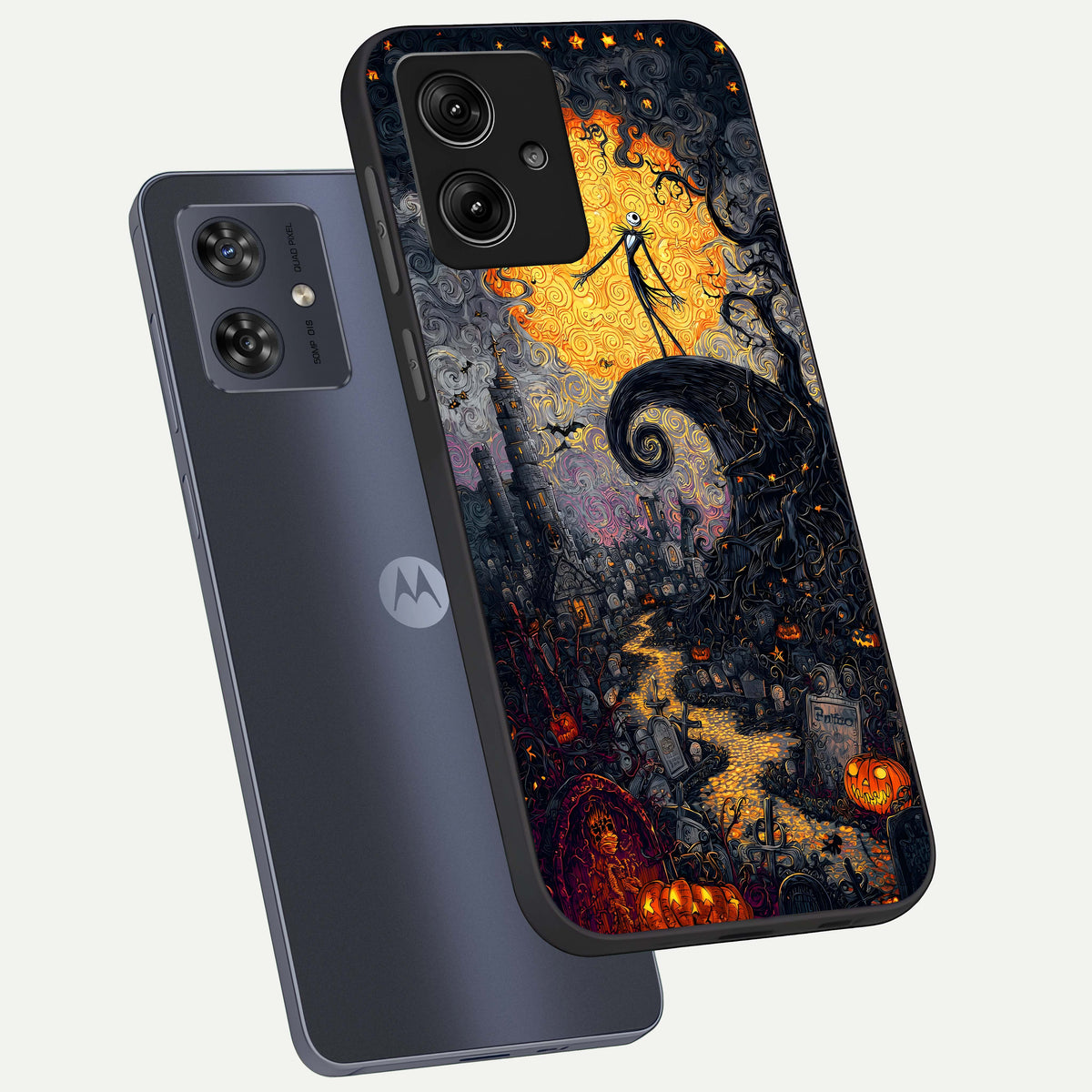 Pumpkin Moon Night phone case For Moto G54 showing premium glass back cover with detailed artwork