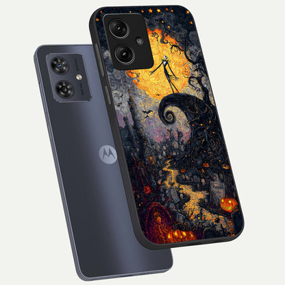  Pumpkin Moon Night phone case For Moto G54 showing premium glass back cover with detailed artwork