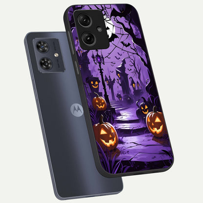  Pumpkin Patch Halloween phone case For Moto G54 showing premium glass back cover with detailed artwork