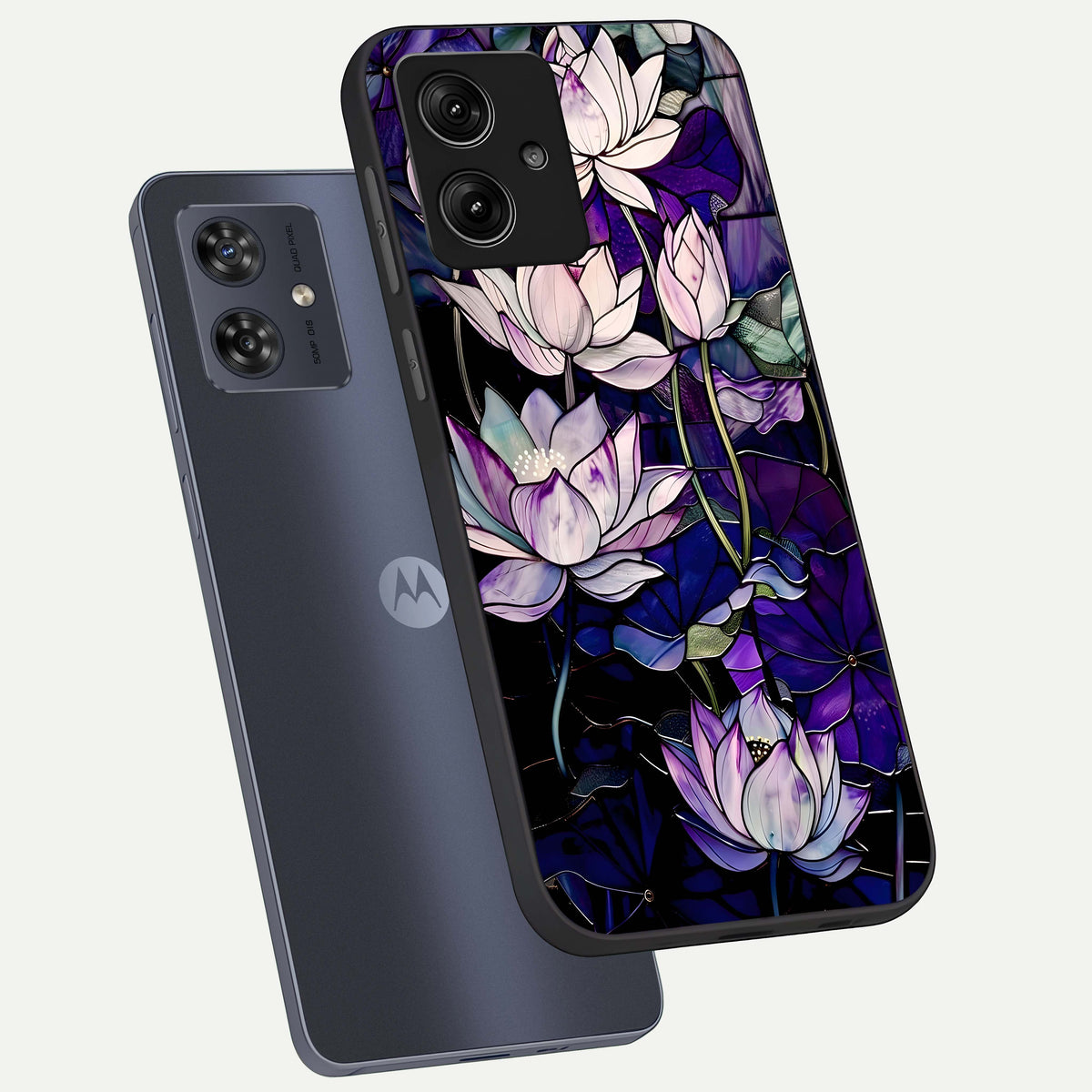  Purple Lotus Pattern phone case For Moto G54 showing premium glass back cover with detailed artwork