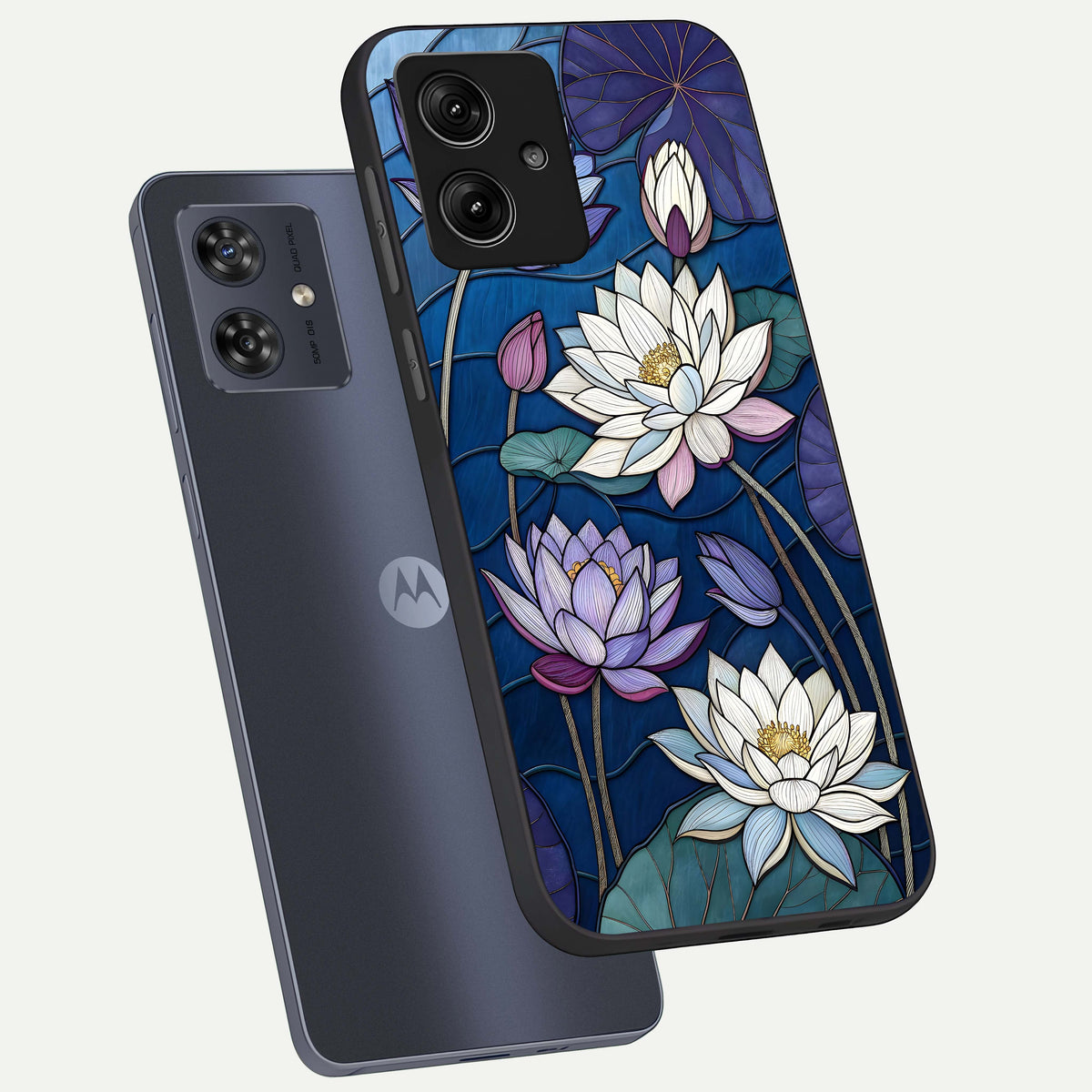  Purple Lotus Stained phone case For Moto G54 showing premium glass back cover with detailed artwork