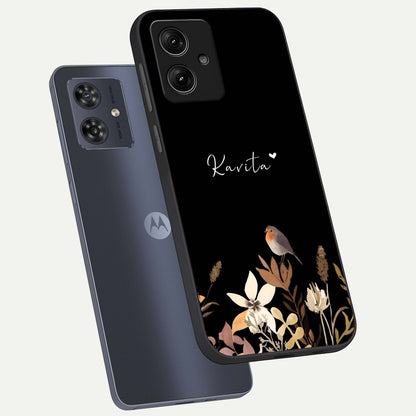  Quiet Garden Tune Custom Name phone case For Moto G54 showing premium glass back cover with detailed artwork