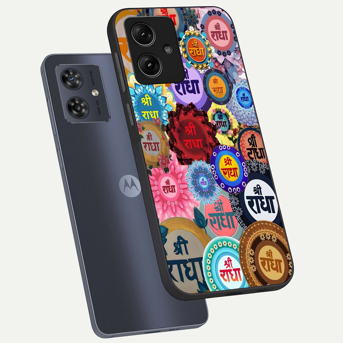  Radha Divine Bloom phone case For Moto G54 showing premium glass back cover with detailed artwork