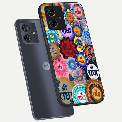  Radha Divine Bloom phone case For Moto G54 showing premium glass back cover with detailed artwork