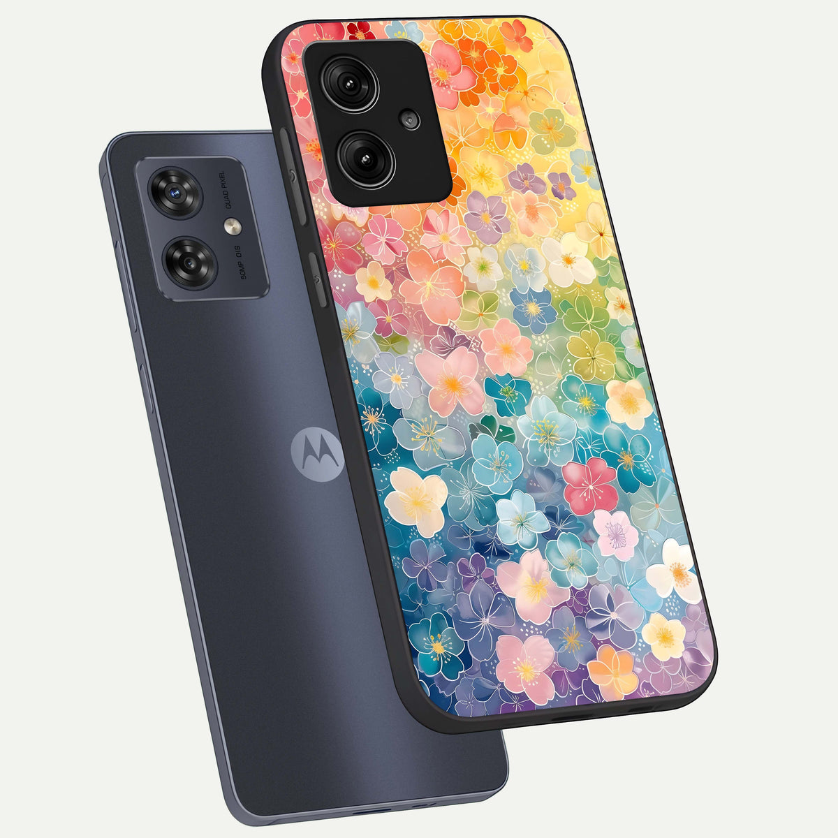  Rainbow Blossom Burst phone case For Moto G54 showing premium glass back cover with detailed artwork