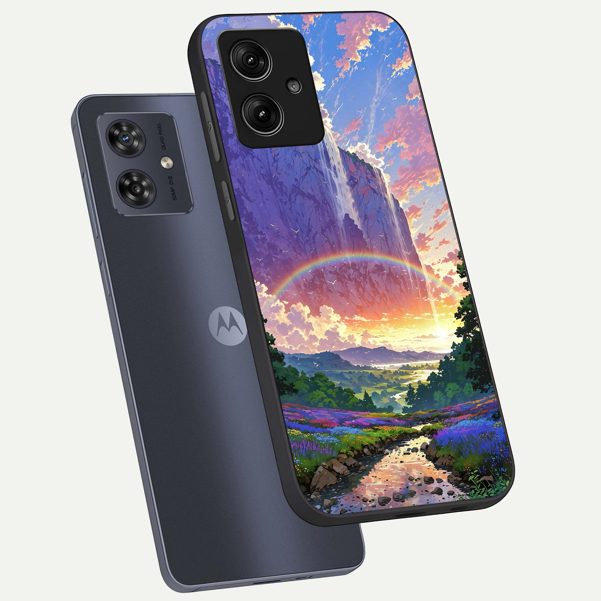  Rainbow Valley Dream phone case For Moto G54 showing premium glass back cover with detailed artwork