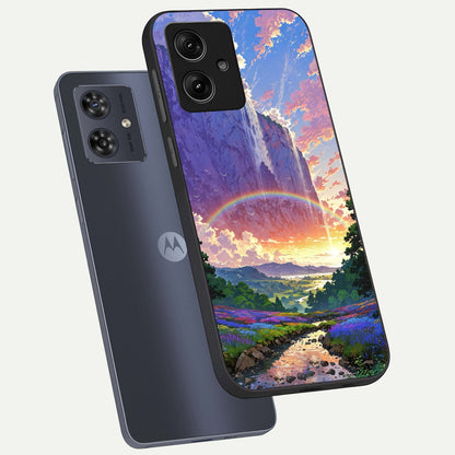  Rainbow Valley Dream phone case For Moto G54 showing premium glass back cover with detailed artwork
