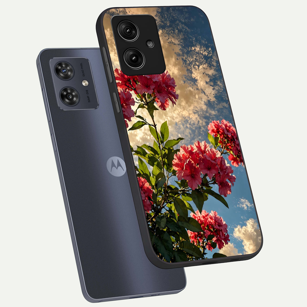  Red Bloom Skies phone case For Moto G54 showing premium glass back cover with detailed artwork