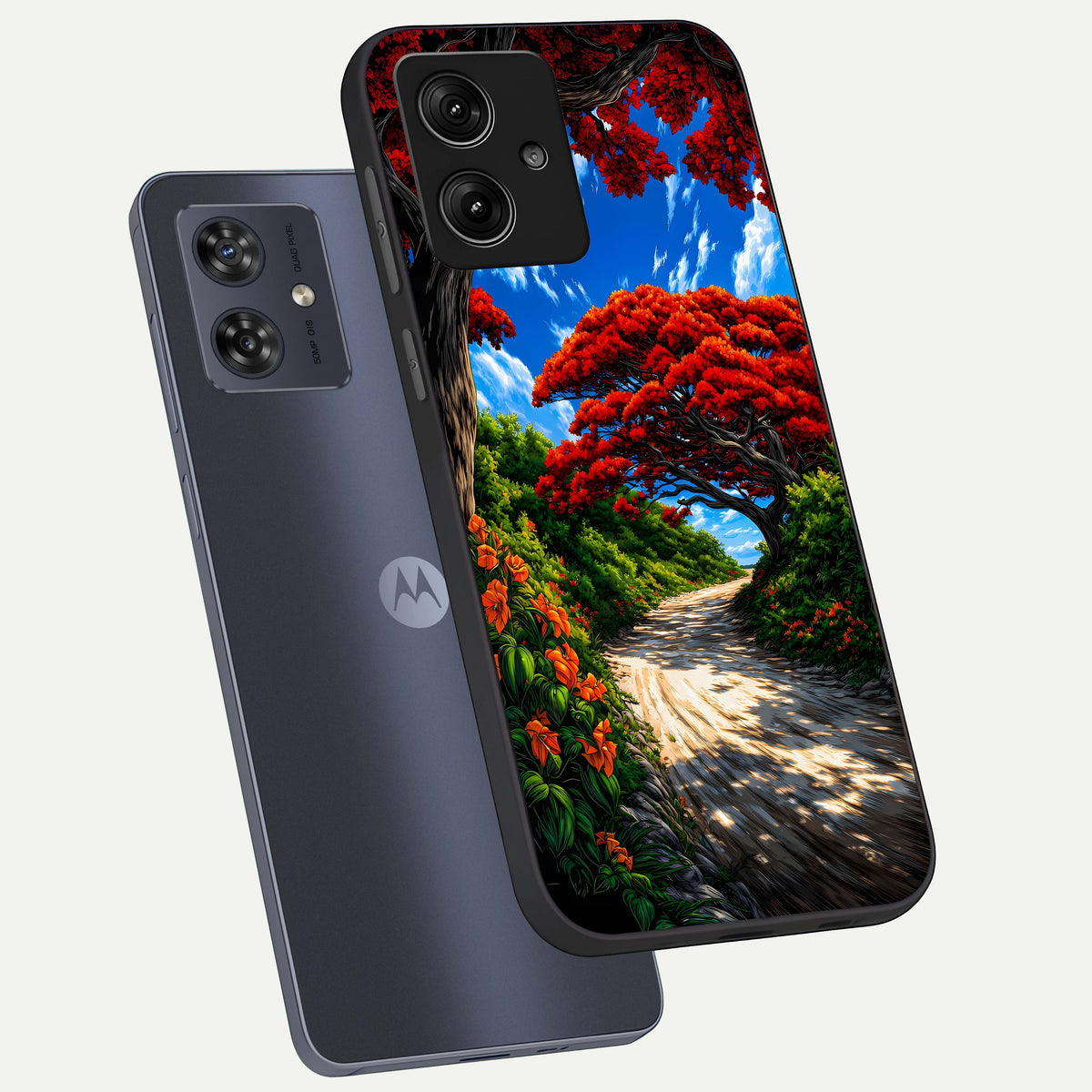  Red Trees Pathway phone case For Moto G54 showing premium glass back cover with detailed artwork