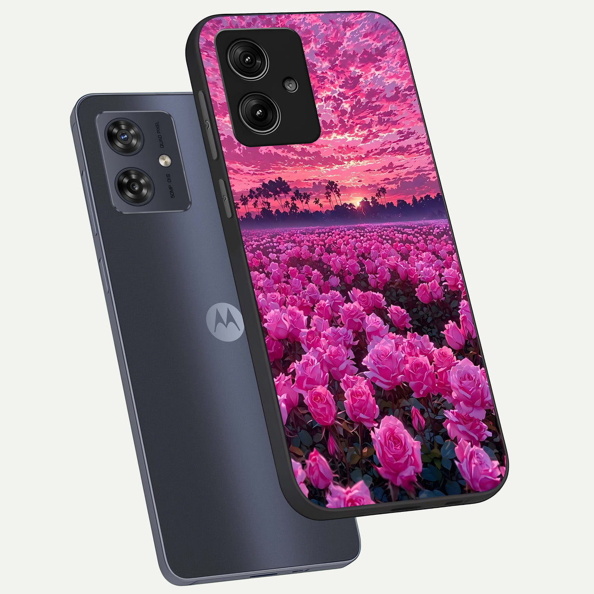  Rose Sunset Valley phone case For Moto G54 showing premium glass back cover with detailed artwork