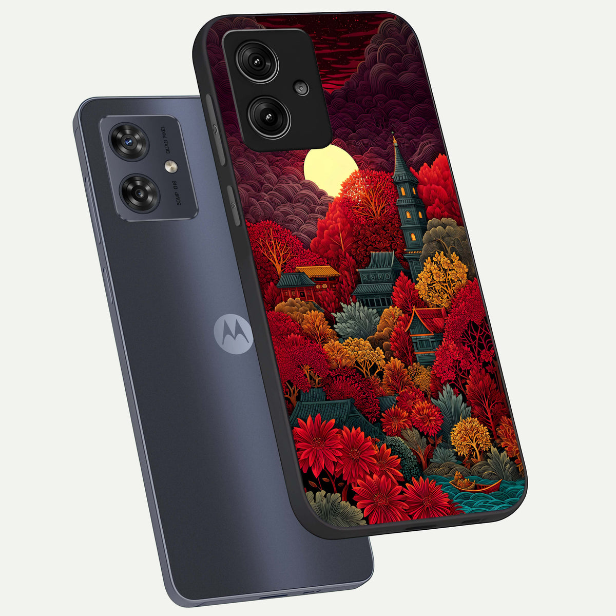  Scarlet Autumn Temple phone case For Moto G54 showing premium glass back cover with detailed artwork