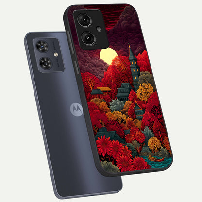  Scarlet Autumn Temple phone case For Moto G54 showing premium glass back cover with detailed artwork