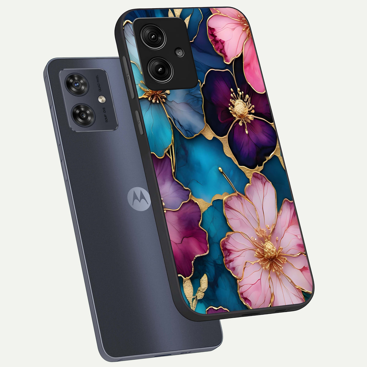  Sparkle Floral phone case For Moto G54 showing premium glass back cover with detailed artwork