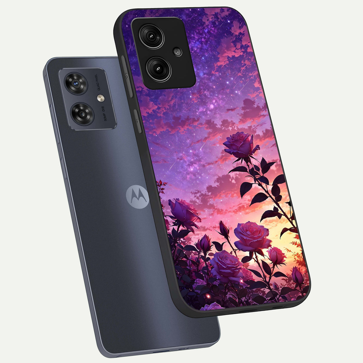  Starlit Rose Twilight phone case For Moto G54 showing premium glass back cover with detailed artwork