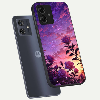  Starlit Rose Twilight phone case For Moto G54 showing premium glass back cover with detailed artwork