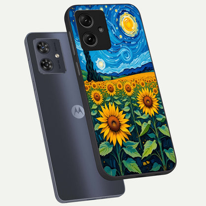  Starry Sunflower Dreams phone case For Moto G54 showing premium glass back cover with detailed artwork