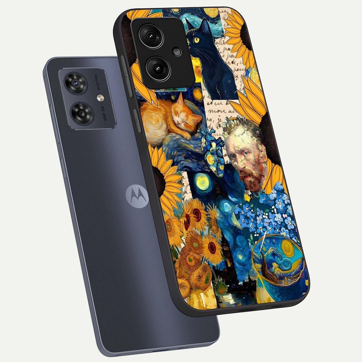  Sunflower Chic Mood Custom Name phone case For Moto G54 showing premium glass back cover with detailed artwork