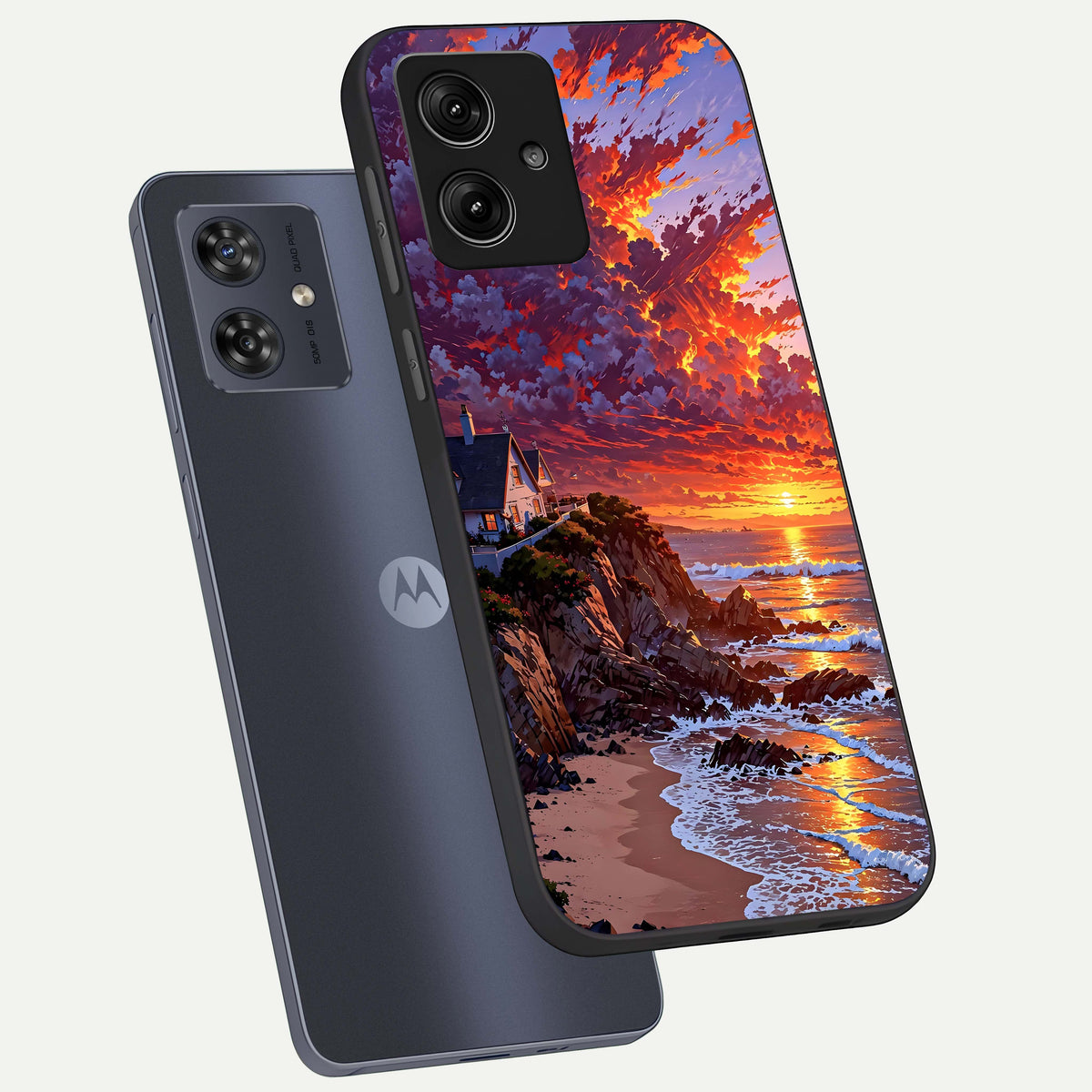  Sunset House By Sea phone case For Moto G54 showing premium glass back cover with detailed artwork