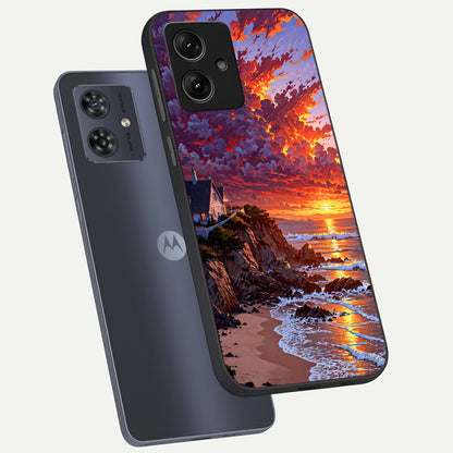  Sunset House By Sea phone case For Moto G54 showing premium glass back cover with detailed artwork