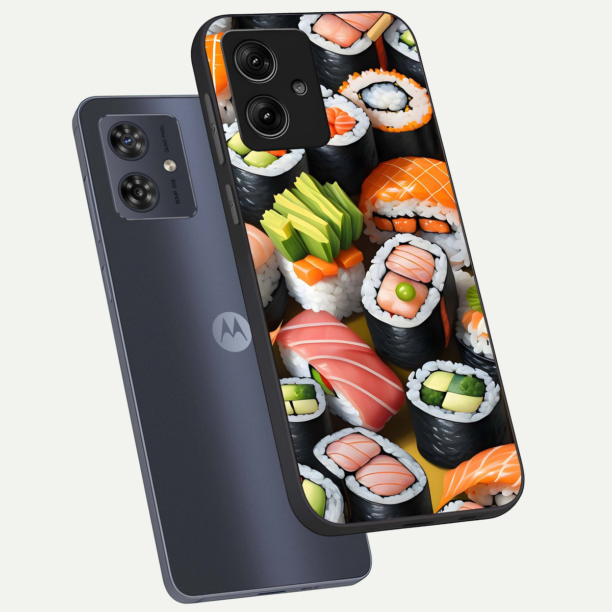  Sushi Food Pattern phone case For Moto G54 showing premium glass back cover with detailed artwork