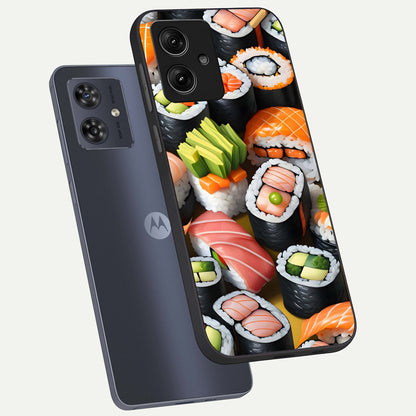  Sushi Food Pattern phone case For Moto G54 showing premium glass back cover with detailed artwork