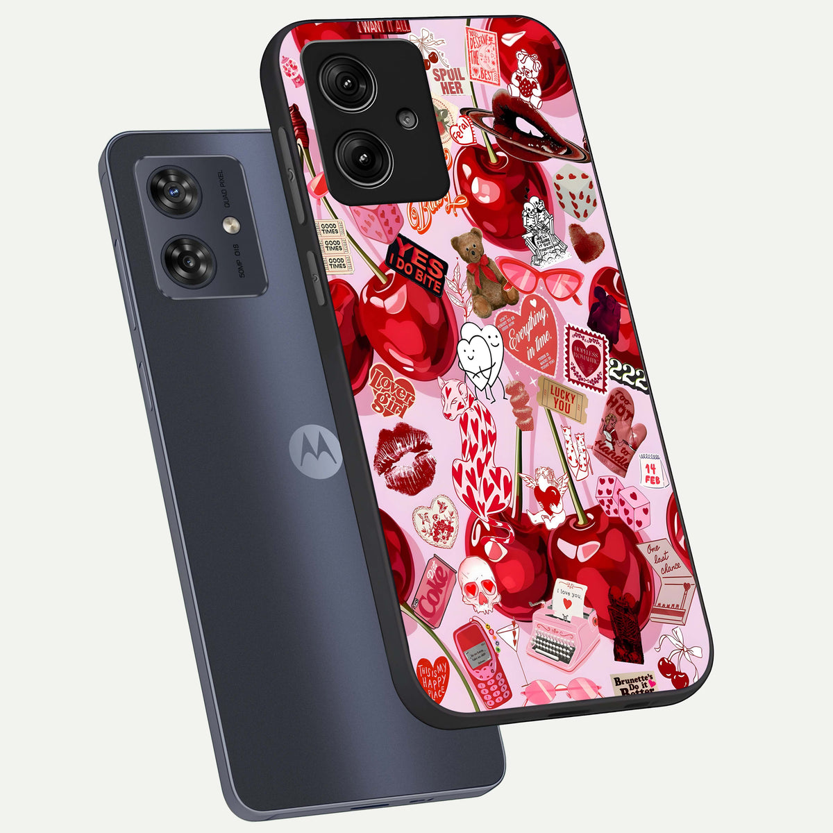  Sweet Cherry Chaos phone case For Moto G54 showing premium glass back cover with detailed artwork