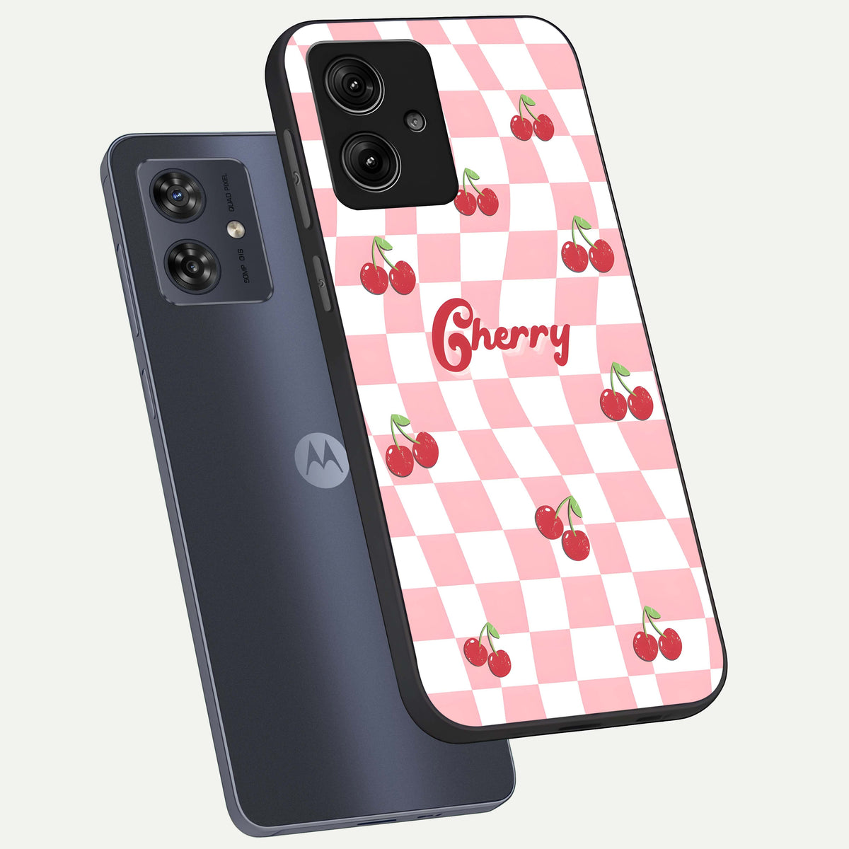  Sweet Cherry Vibes phone case For Moto G54 showing premium glass back cover with detailed artwork